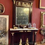 Italian Empire Mahogany and Parcel Gilt Console with Mirror and Carrara Marble Top, Late 18th Century