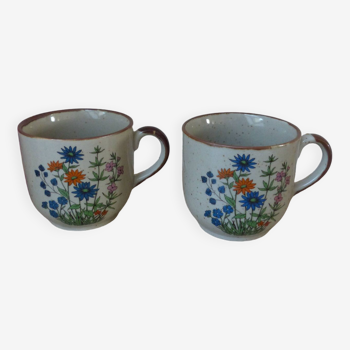 Ensemble de deux Tasses Mugs en Grès Moucheté Petites Fleurs Sauvages Bohème Rétro