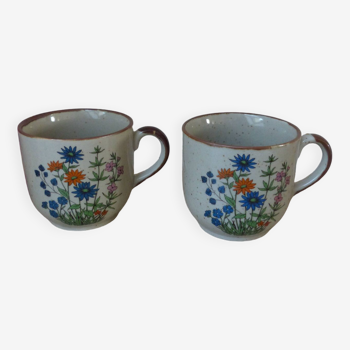 Set of two Mugs in Speckled Stoneware Small Wild Flowers Bohemian Retro