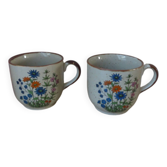 Ensemble de deux Tasses Mugs en Grès Moucheté Petites Fleurs Sauvages Bohème Rétro