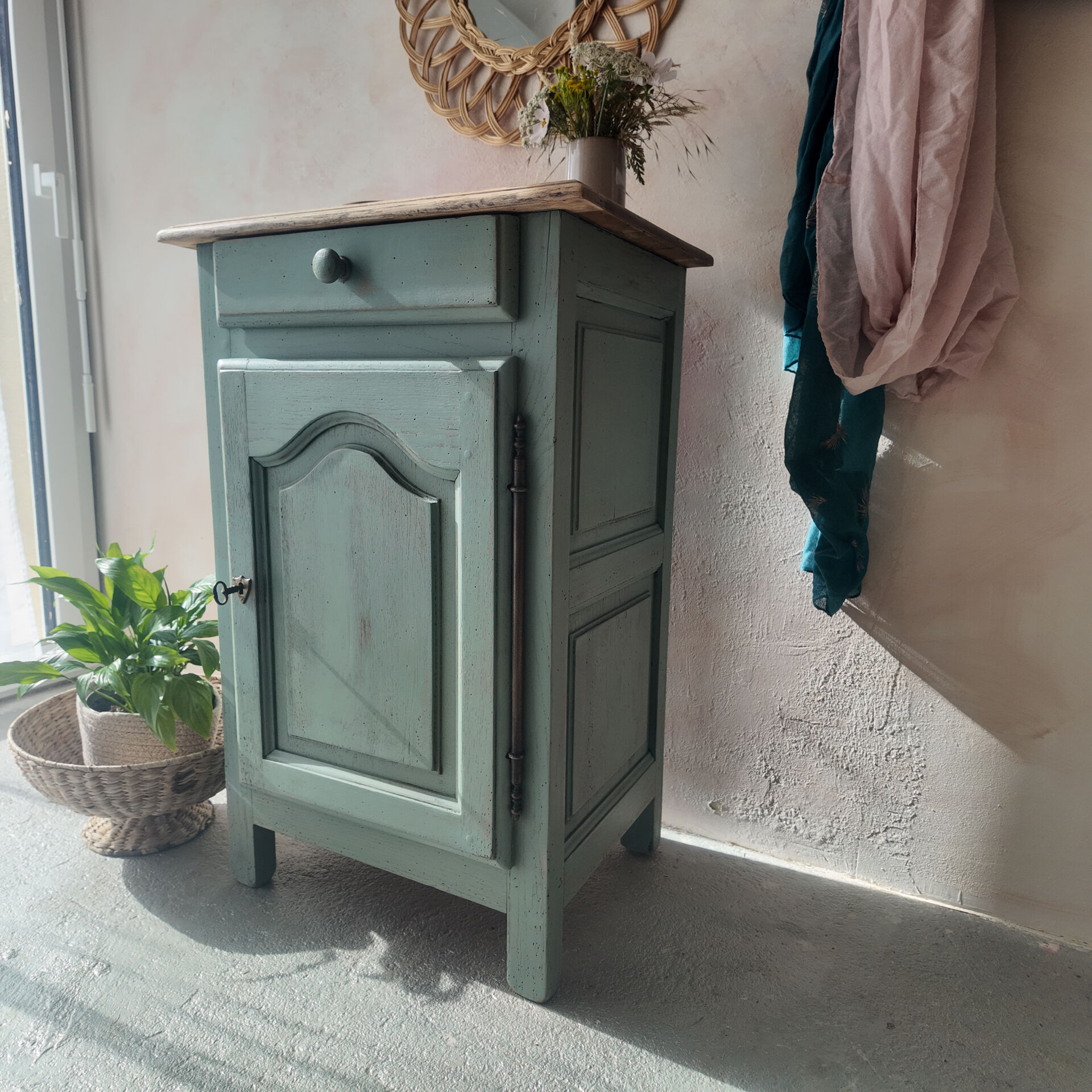Small vintage side table in sage green patina and solid wood.