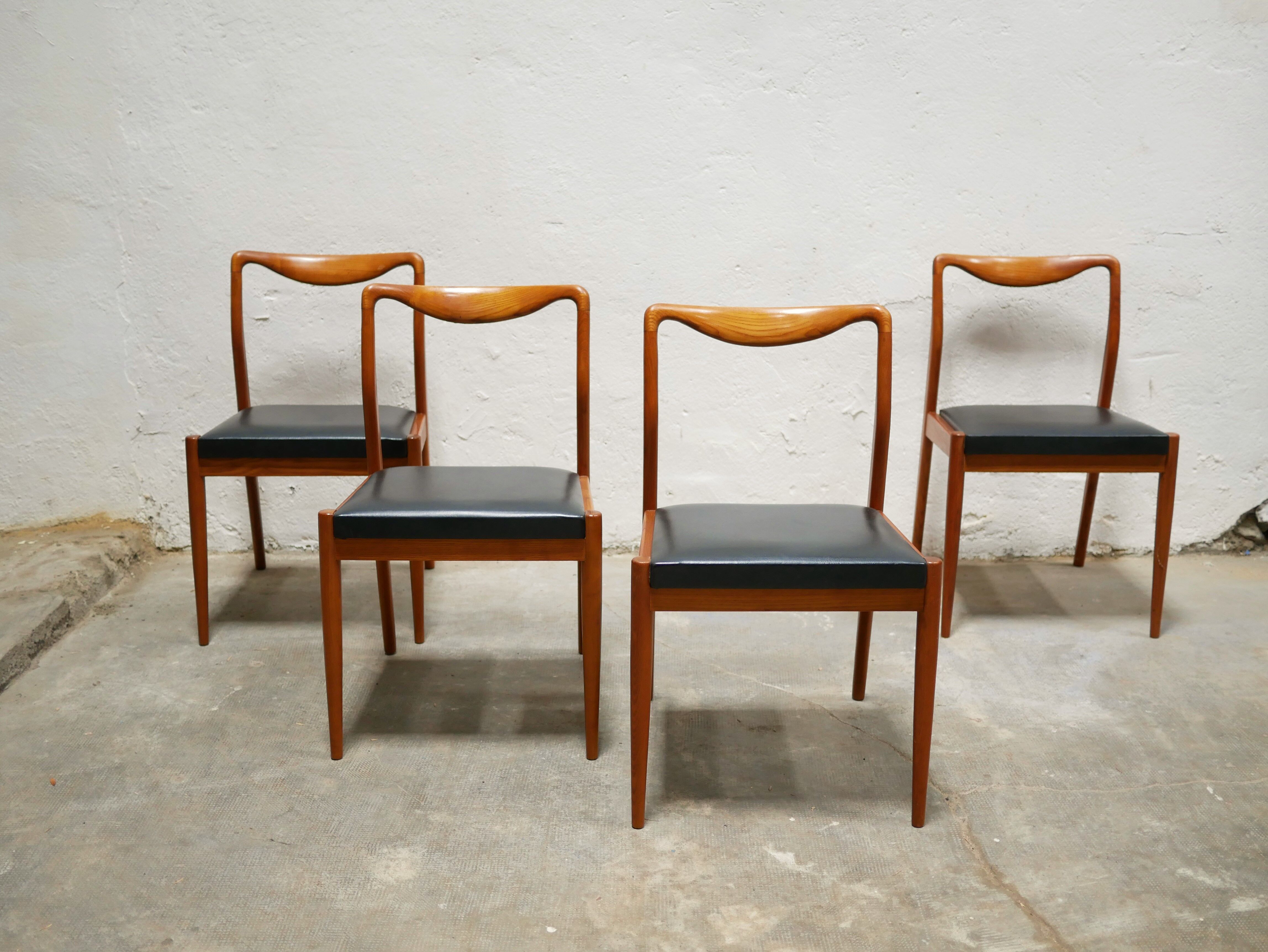 Series of 4 vintage Scandinavian chairs in teak and skaï