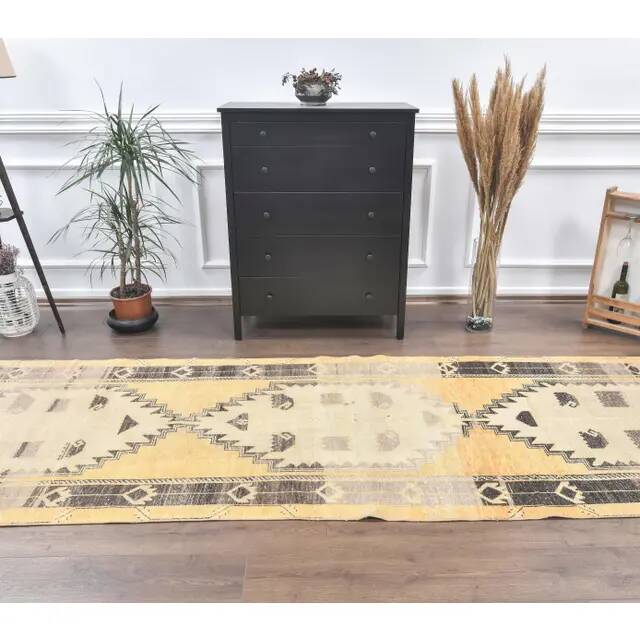 Vintage Gold-Beige Turkish Hand-Knotted Hallway Runner 115x419