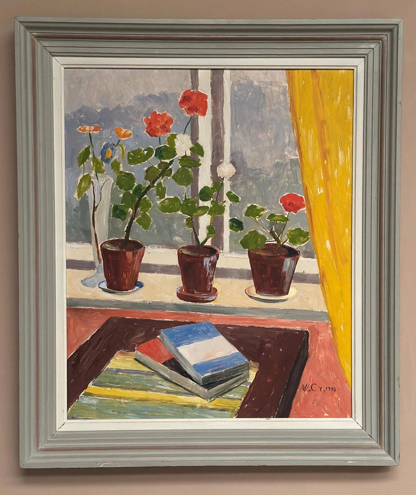 Original Swedish Oil On Panel – “Books And Blossoms” – Vintage & Framed – 91 × 77 Cm