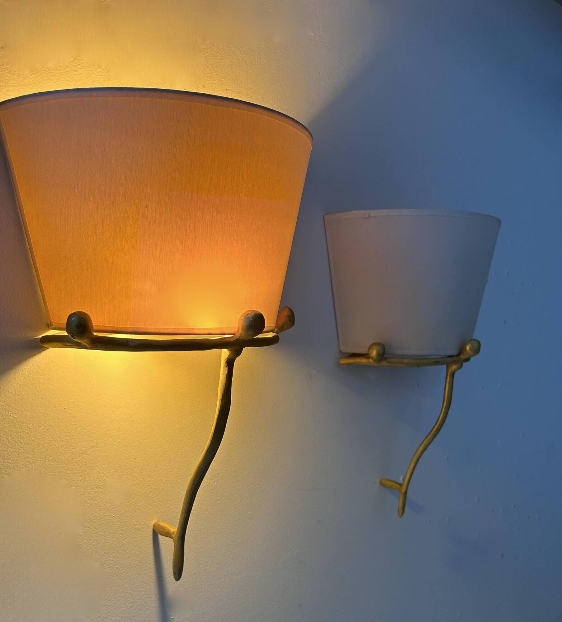 Pair of vintage wall lights, solid brass and ecru fabric, France 1980