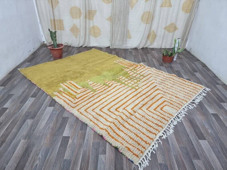 Handmade natural wool rug with colourful patterns, size 140/260 cm.