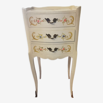 Louis XV style bedside table in wood painted with flowers and leafy garlands