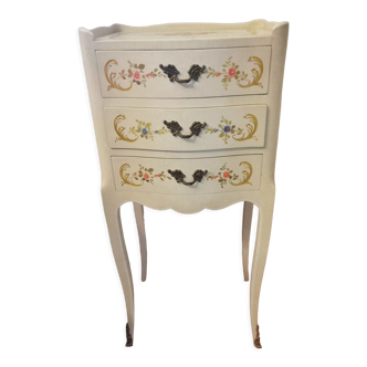 Louis XV style bedside table in wood painted with flowers and leafy garlands