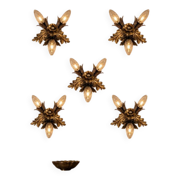 Vintage Florentine floral hand-forged silver-plated 3-light flush mount from Banci Firenze, Italy, Florence 1960s, set of 5