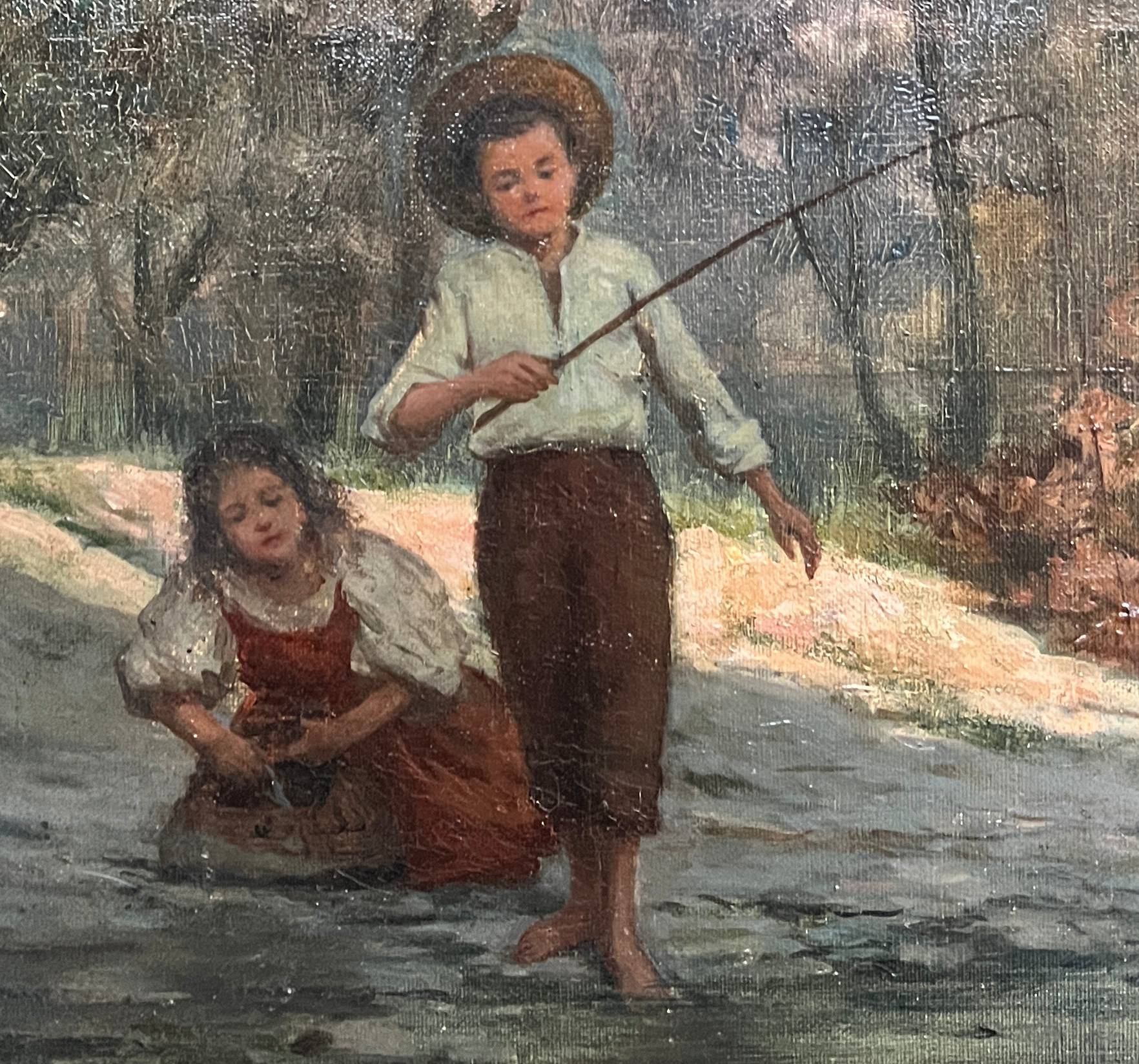 HST painting (19th/20th century) Children fishing in the undergrowth