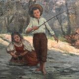 HST painting (19th/20th century) Children fishing in the undergrowth