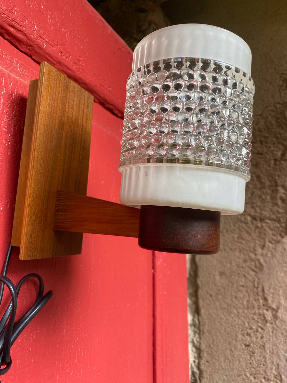 Pair of Scandinavian wall sconces in glass and teak, 1960s