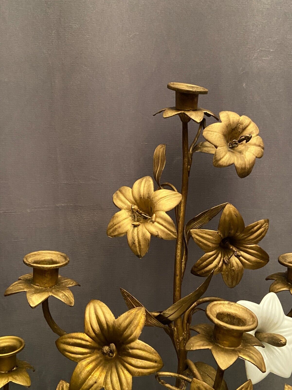Pair of church candlesticks decorated with brass and opaline flowers nineteenth