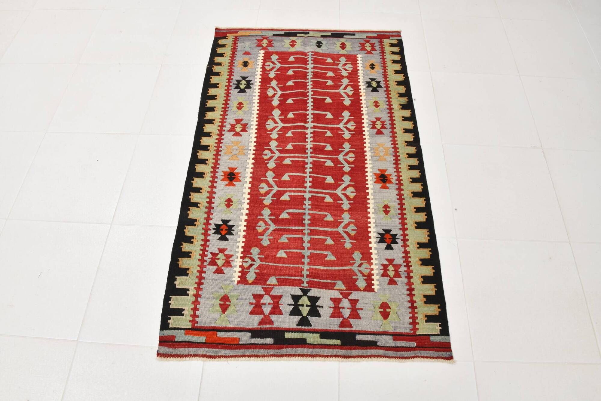 3x5 Red Green Tribal Vintage Kilim Rug, 88x147Cm