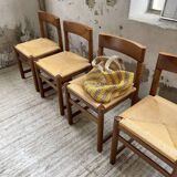 Set of 4 elm straw chairs from the 50s