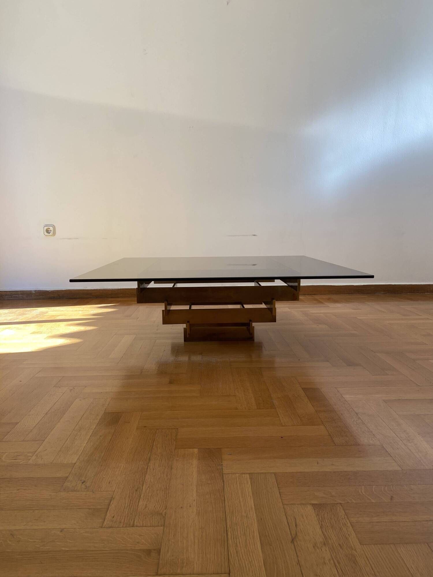 Vintage 1970s Square Coffee Table in Brass and Smoked Glass, David Hicks