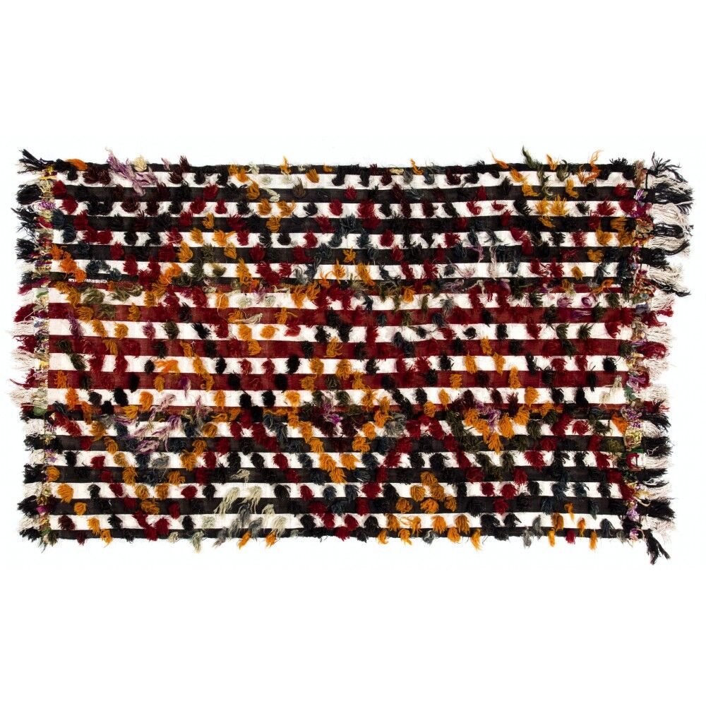 Vintage Handwoven Central Anatolian Kilim Rug with Colorful Pom Poms