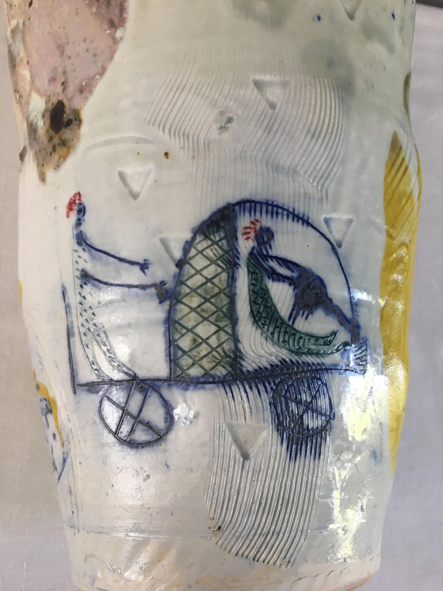 Thierry Basile vase in enamelled sandstone with abstract decoration