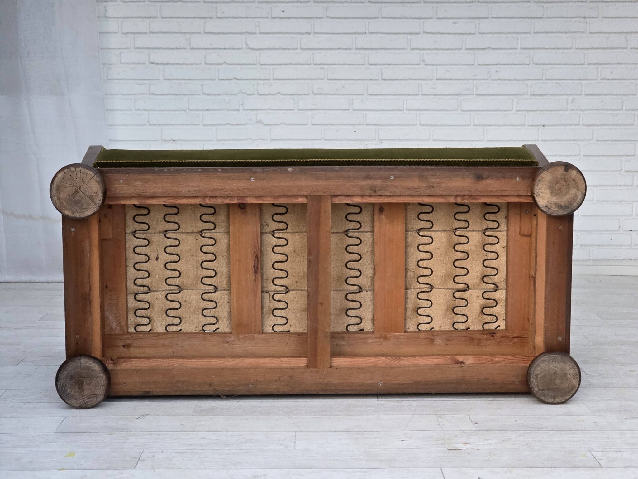 1950s, Danish 2-seater sofa, original green furniture velour, oak wood.