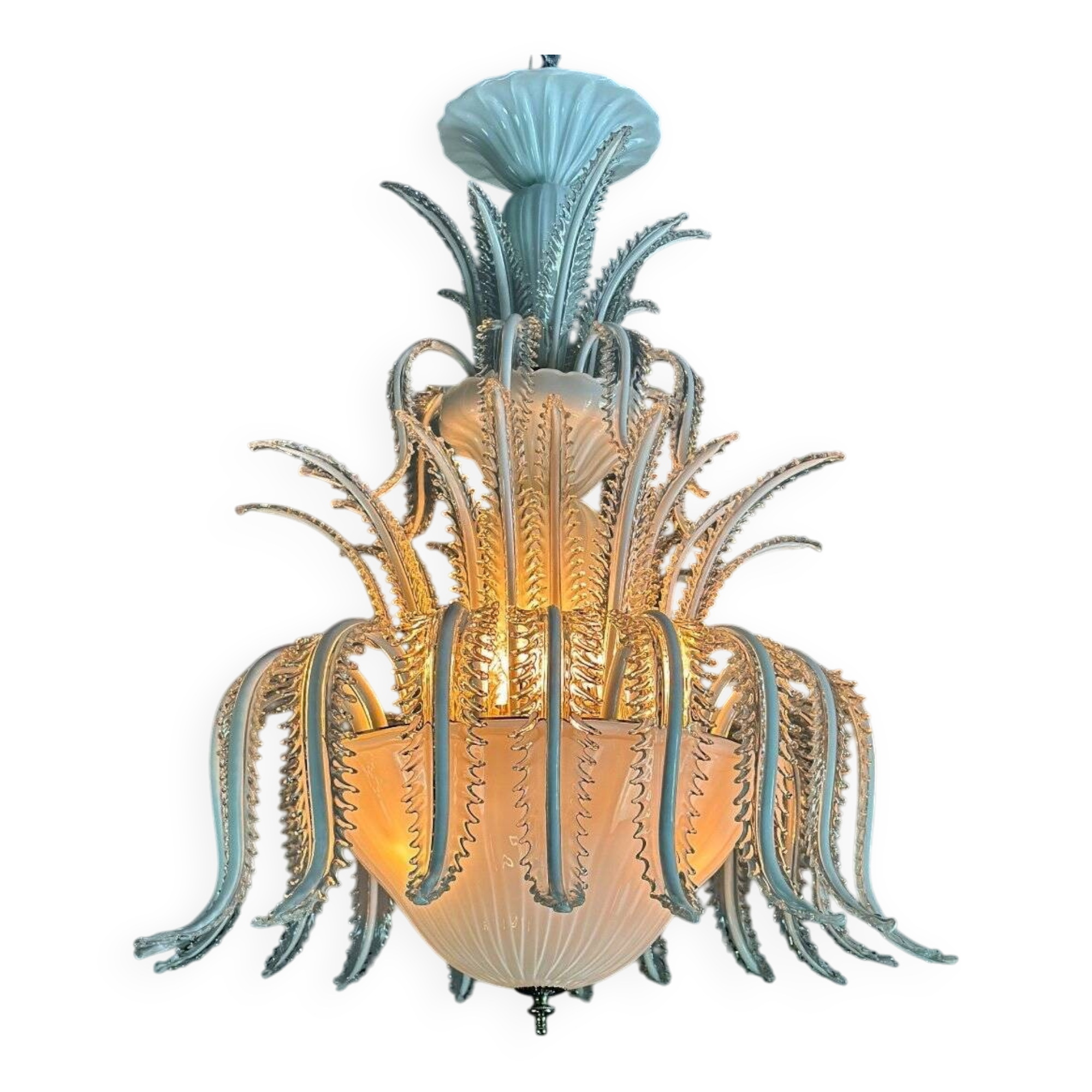 Venetian chandelier in white and gold Murano glass, circa 1980