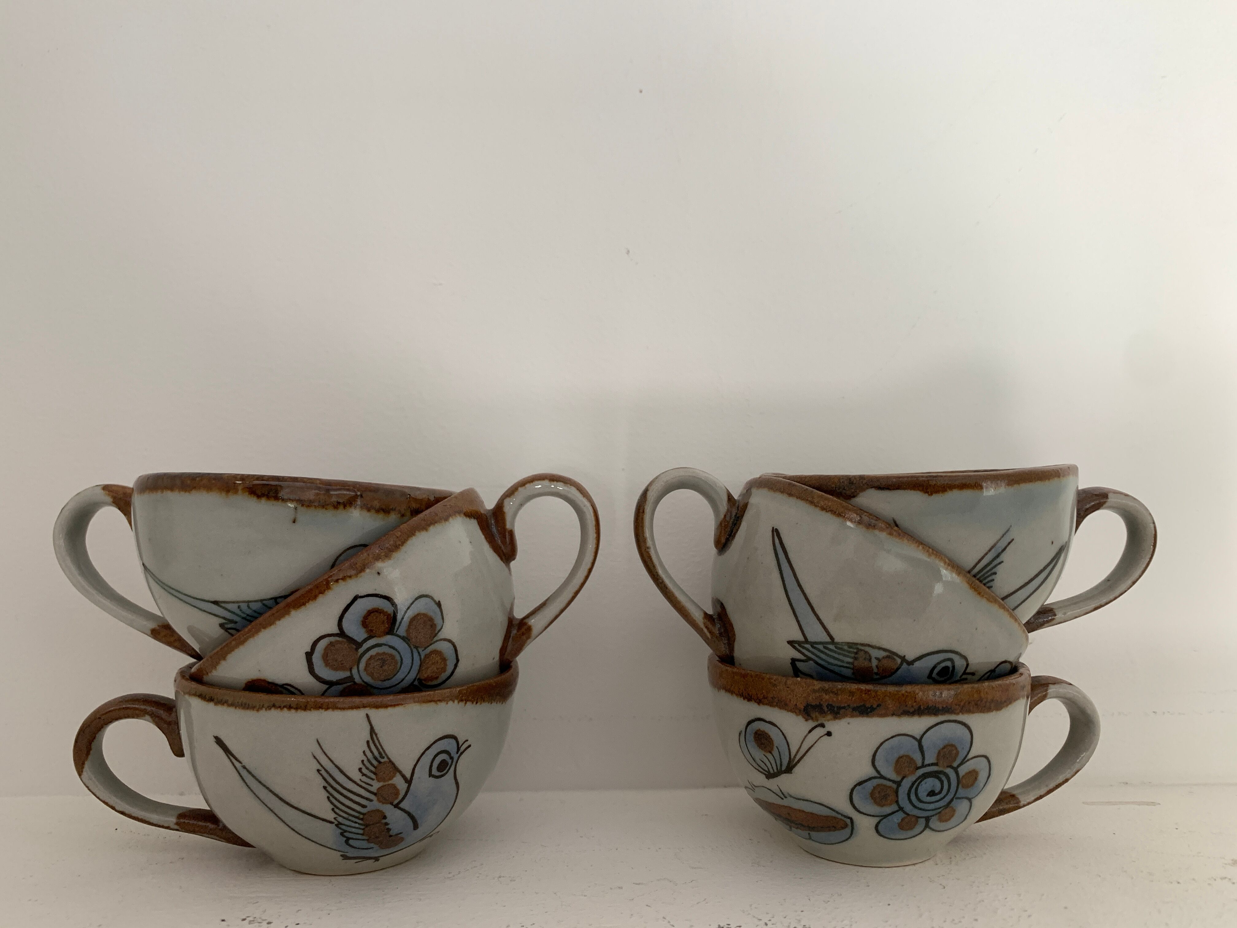 6 ceramic cups Ken Edwards, Tonala, Mexico, with sub cups and sugar