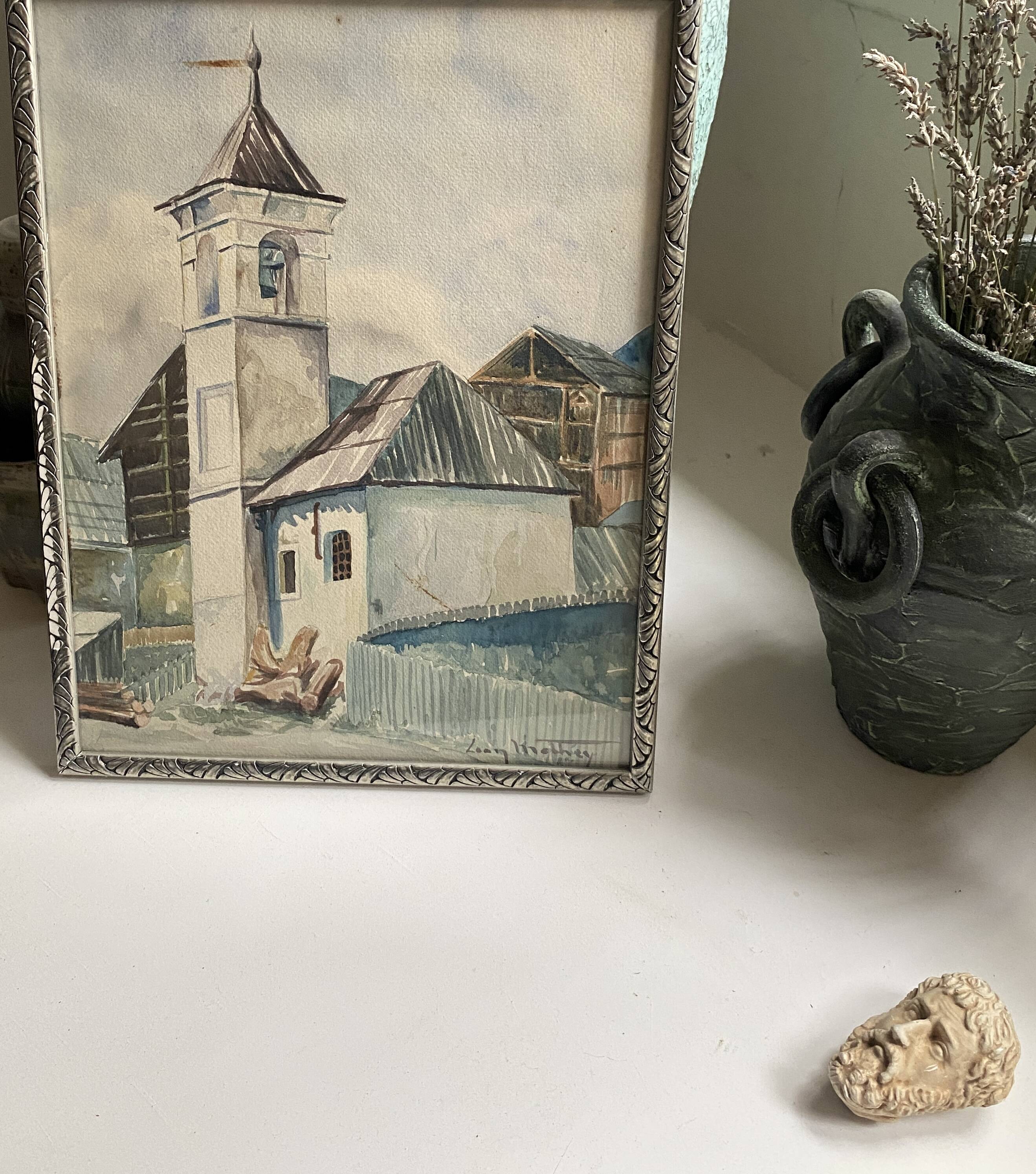 Aquarelle 1920, cadre bois sculpté argenté