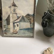 Aquarelle 1920, cadre bois sculpté argenté