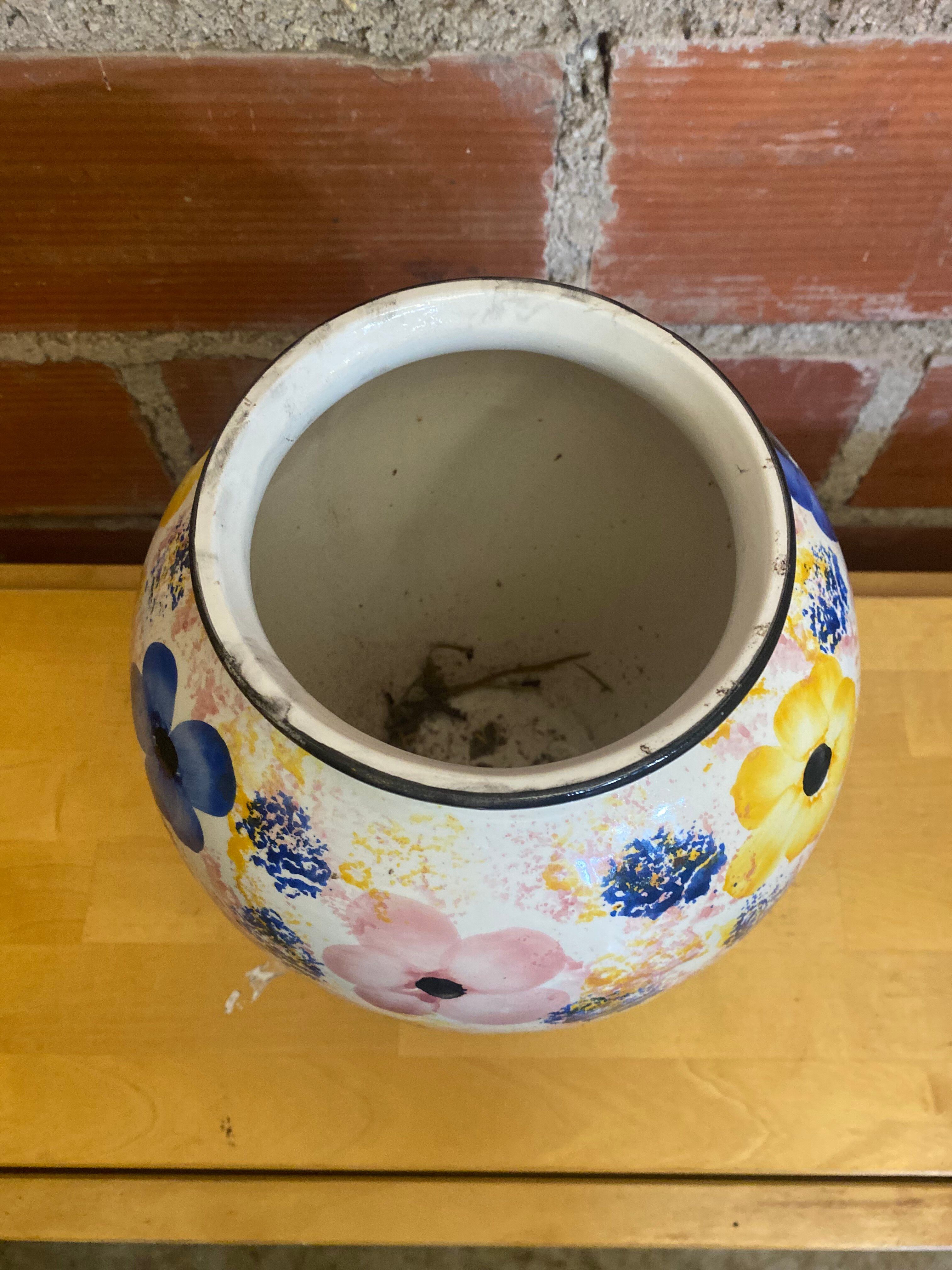 Vintage White Ceramic Round Vase with Polychrome Flower Decoration #D