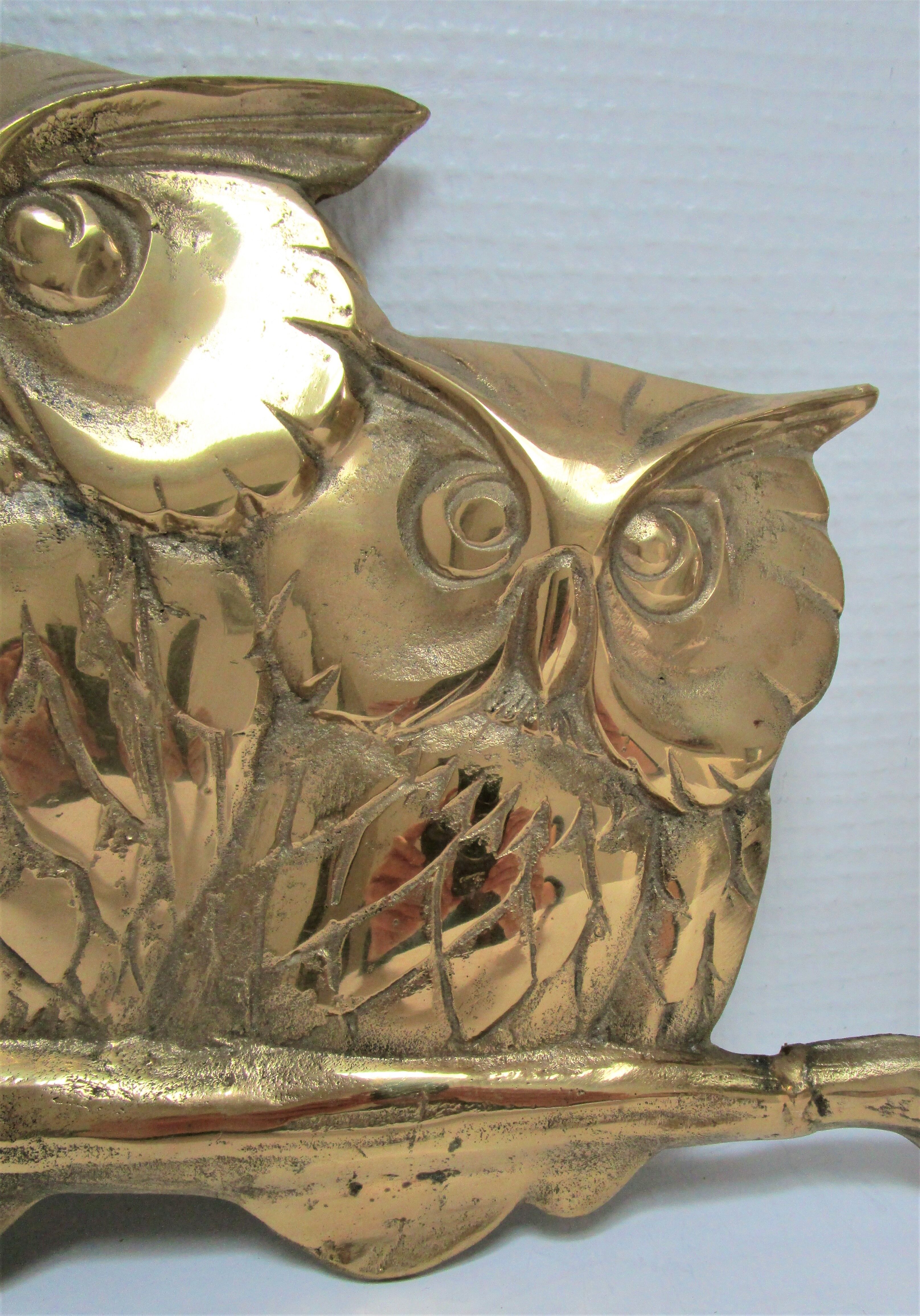 Three owls on a massive brass branch vintage wall decoration
