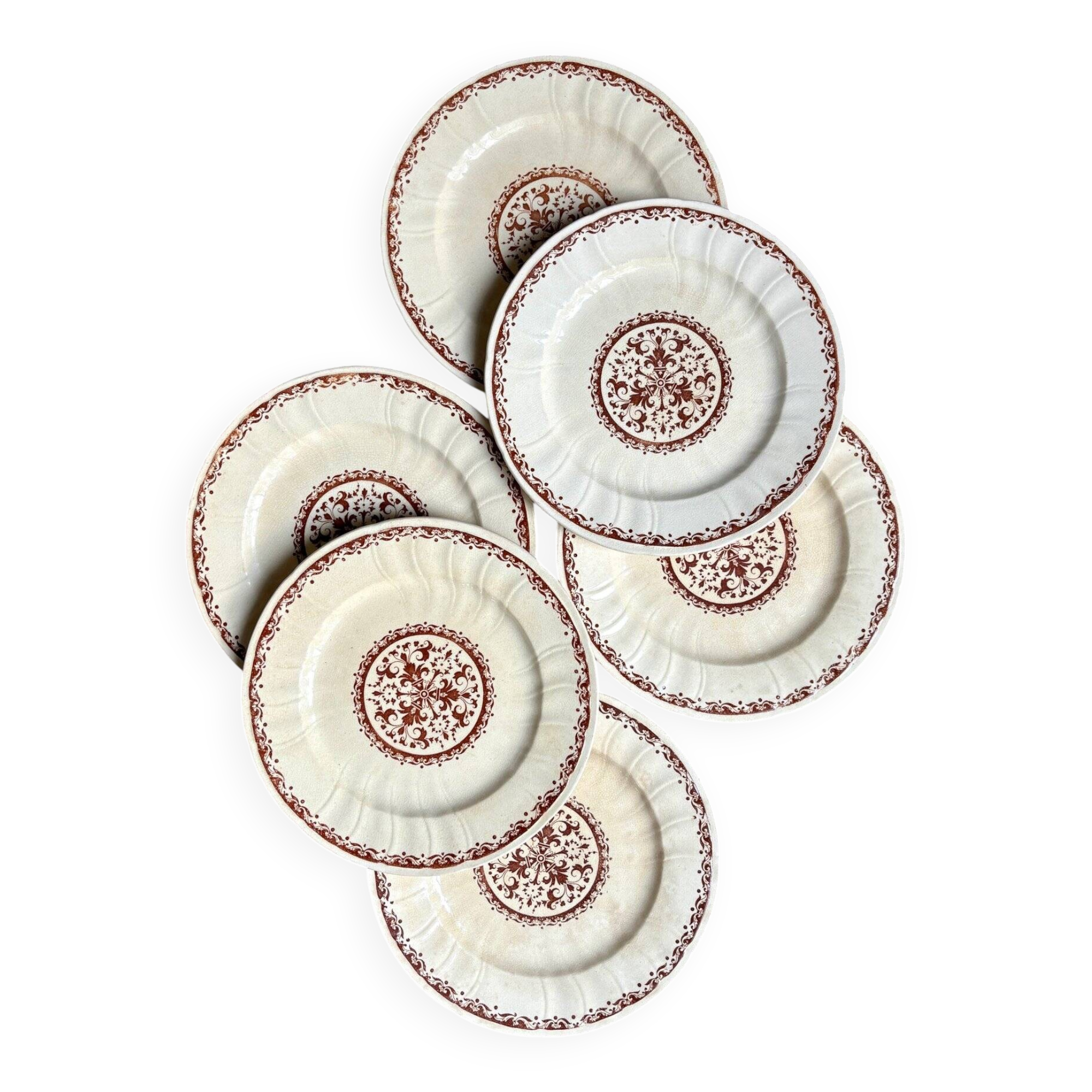 6 Gien dessert plates in ecru and brown ironstone