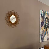 Sun mirror in arched rattan. 40cm. 1960.
