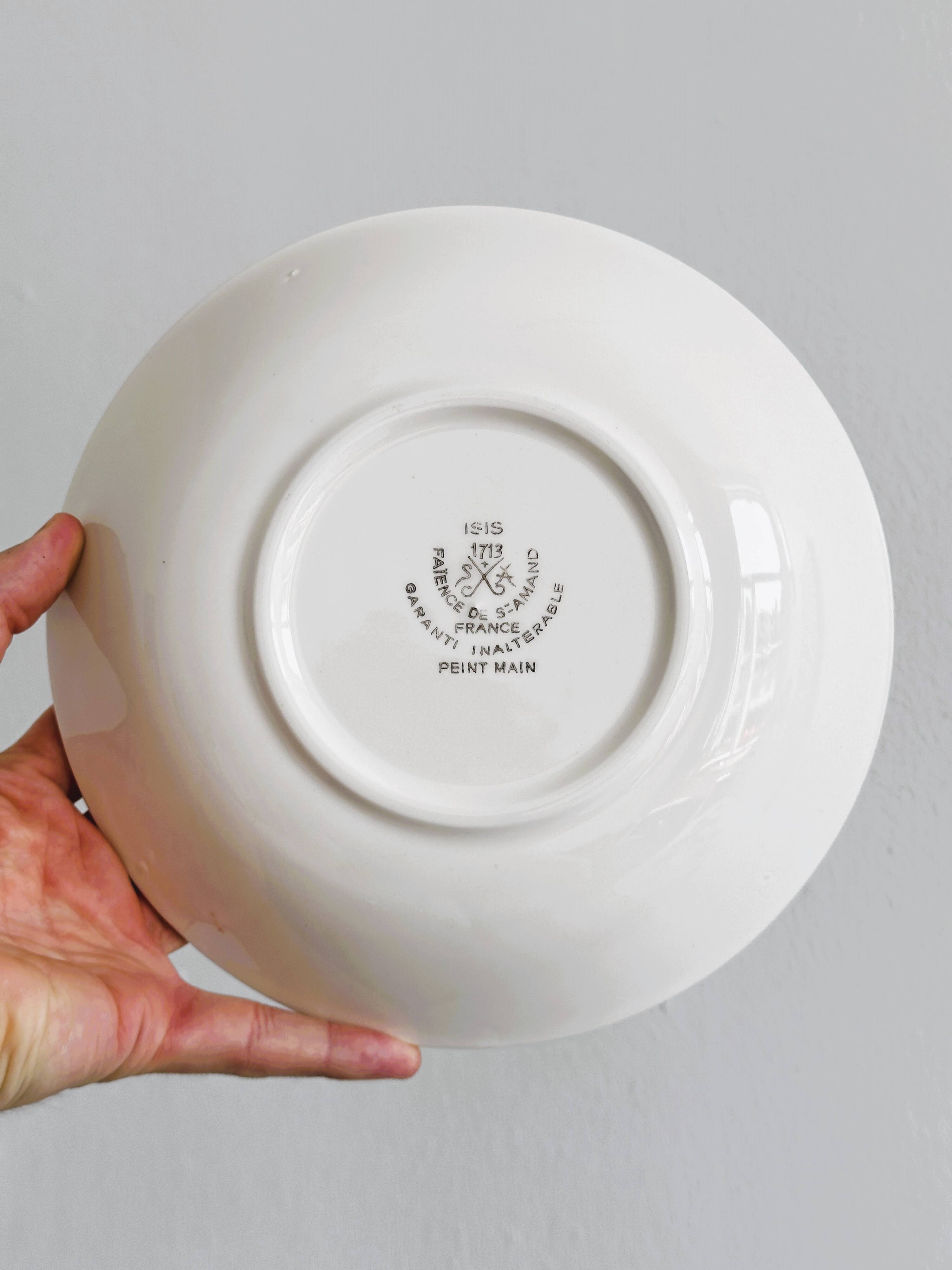 6 soup plates with floral decoration, Sarreguemines earthenware, hand painted.