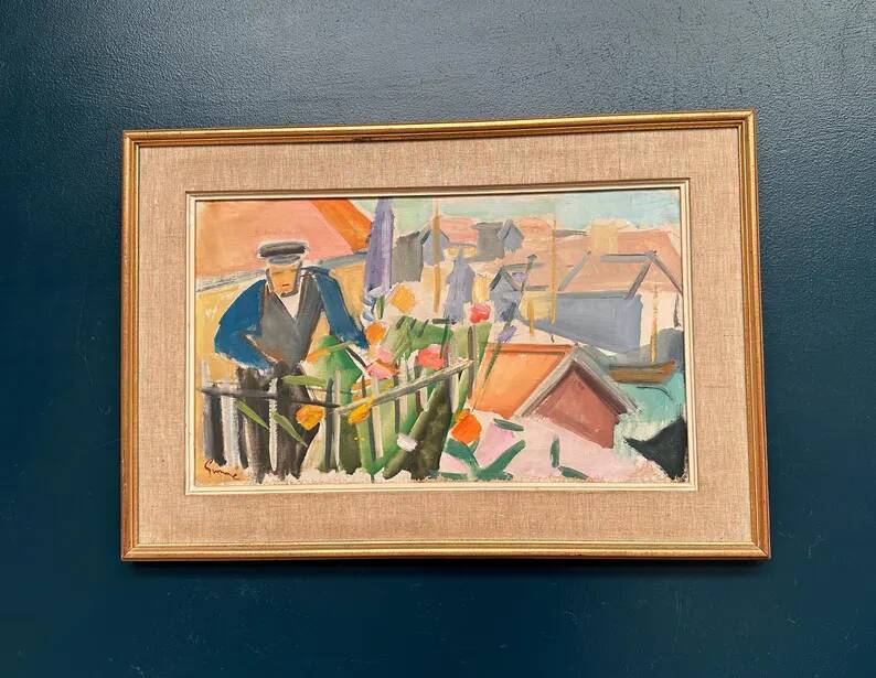 Swedish Original Oil on Canvas – "Figure Near a Flower Fence" by Carl Gunne – Signed – Vintage and Framed – 69.5 × 48 cm (27.4" × 18.9")