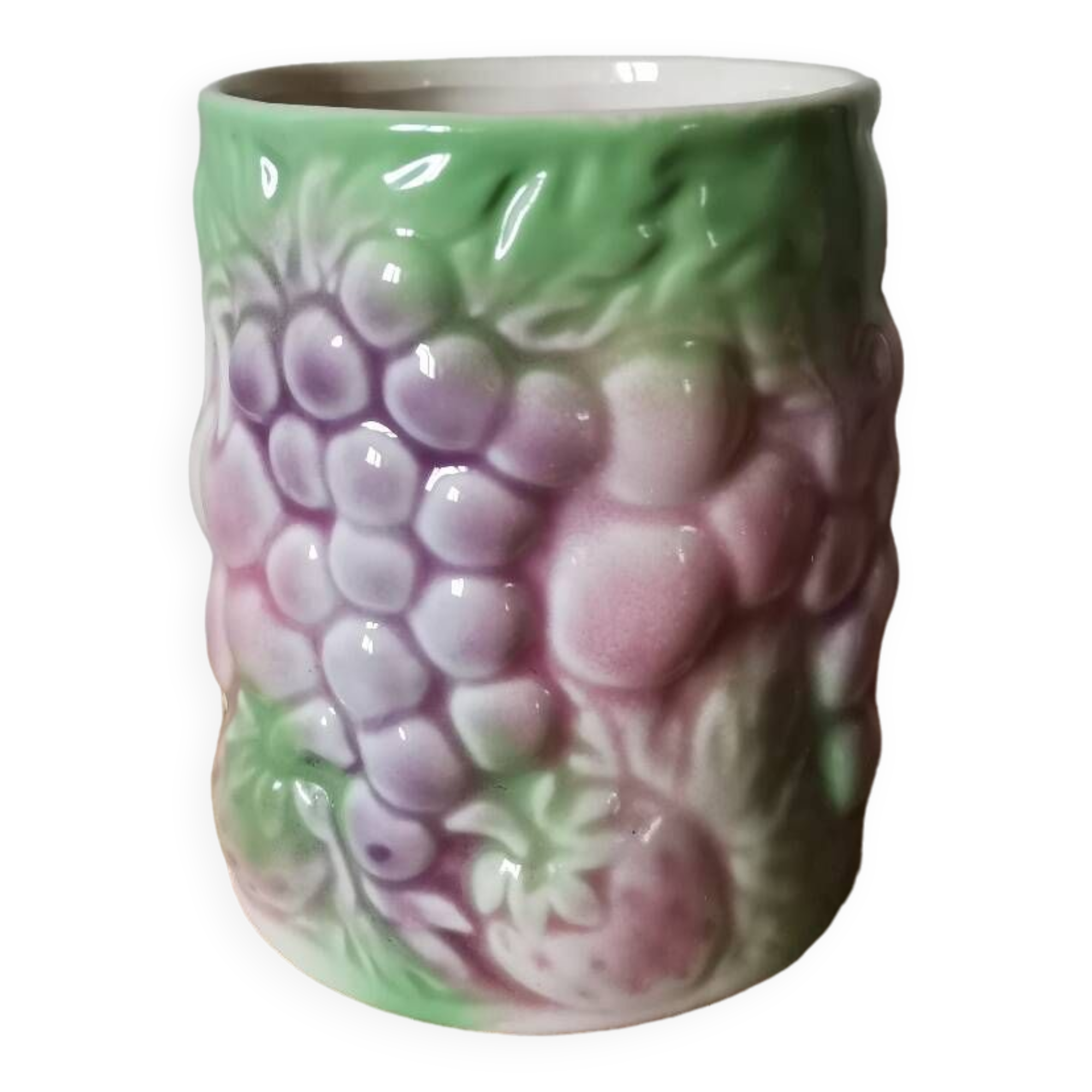 Vintage ceramic cup with vintage fruit pattern, pastel tone