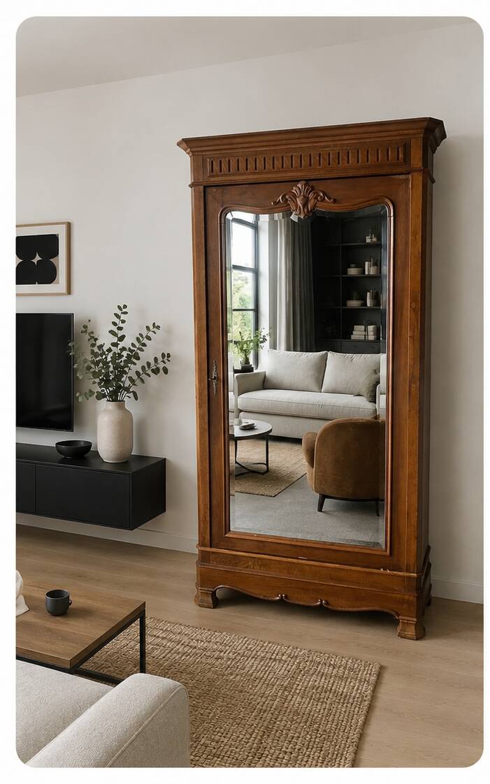 Antique Louis-Philippe walnut veneered wardrobe with an antique mirror.
