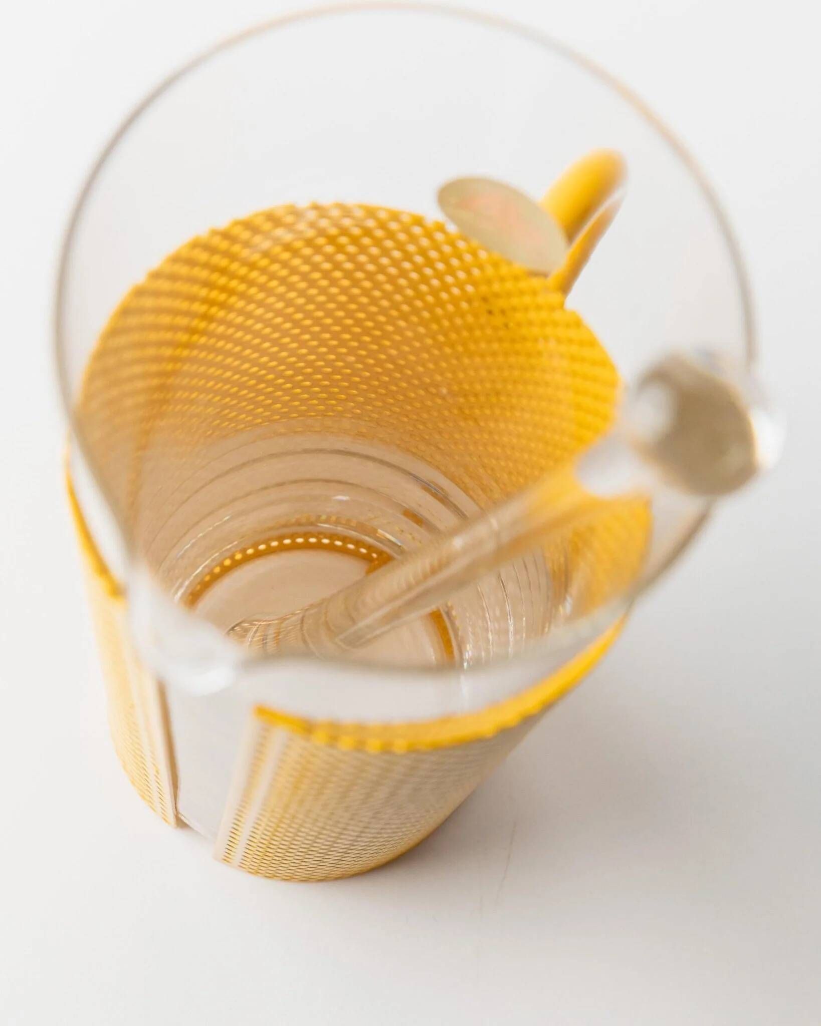 Transparent Glass Pitcher with Yellow Metal Sleeve and Pestle - Memphis Style, 1980s Italy