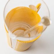 Transparent Glass Pitcher with Yellow Metal Sleeve and Pestle - Memphis Style, 1980s Italy