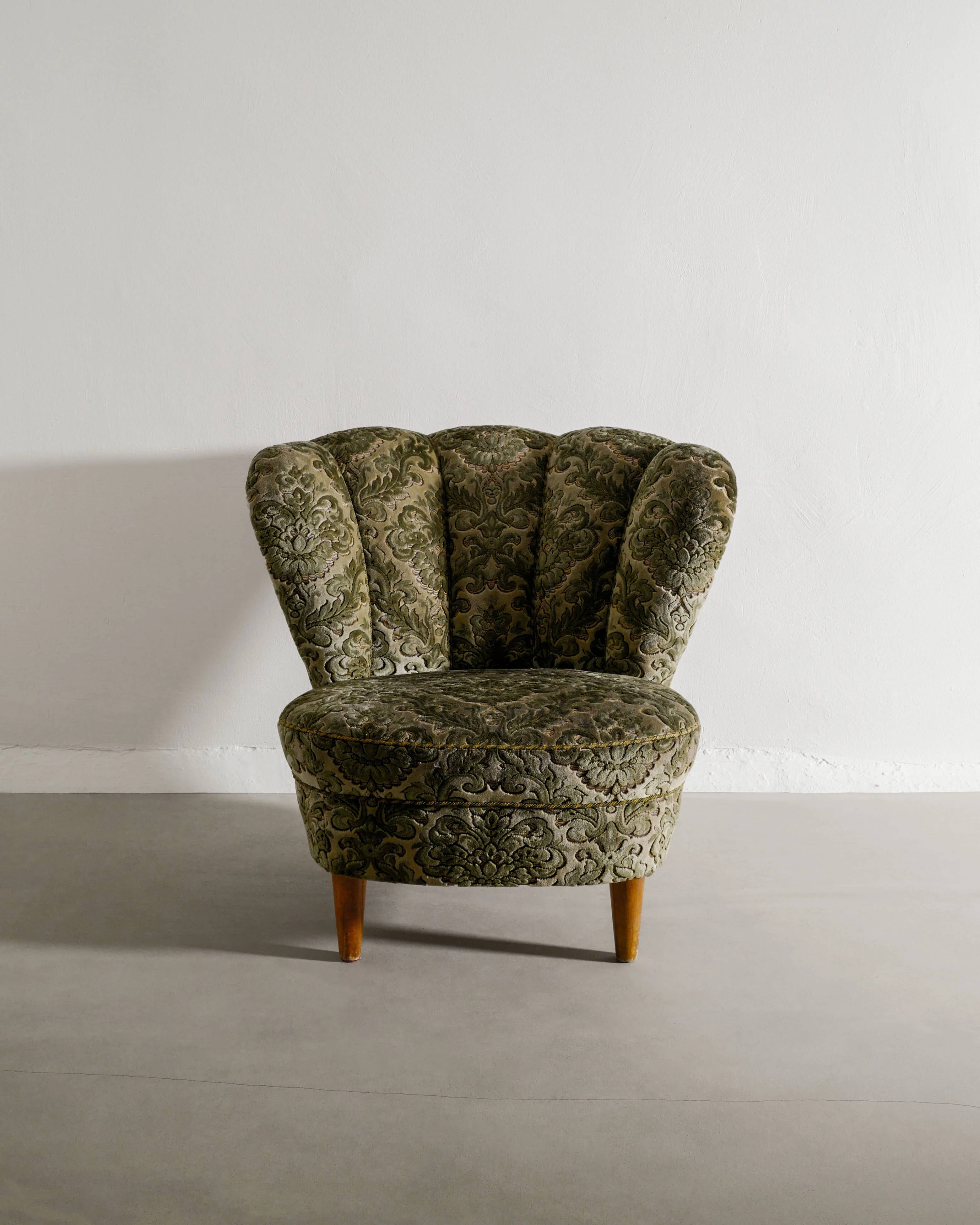 Vintage Swedish Modern Green Floweral Armchairs, 1940s