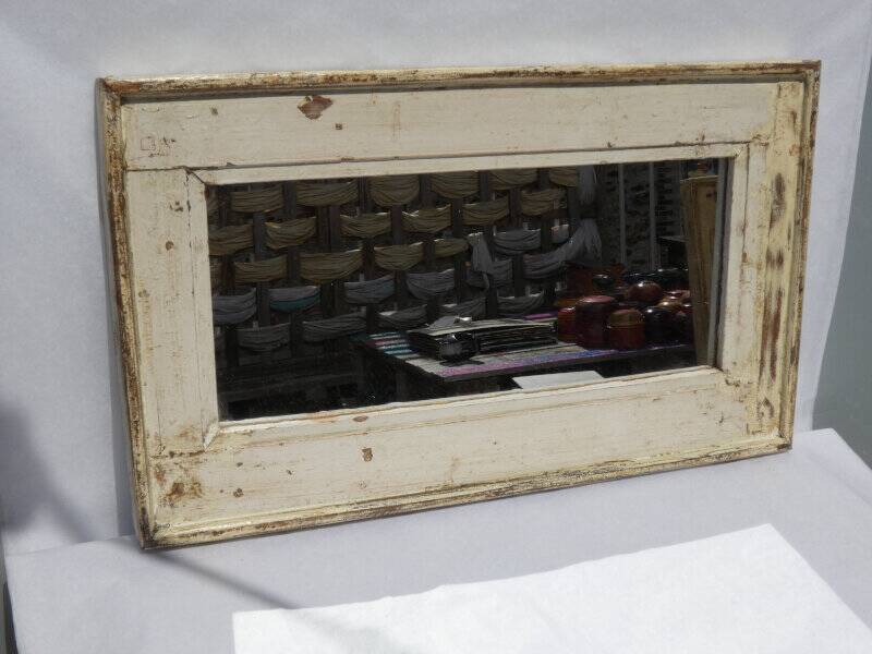 Old Teak Wood Mirror Off-White Patina