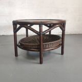 Vintage rattan coffee table with smoked glass top and rattan basket shelf