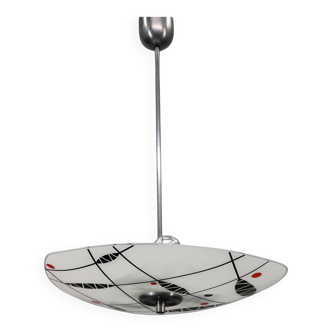 Mid-century pendant chandelier, chromed metal and glass, Czechoslovakia 1970s