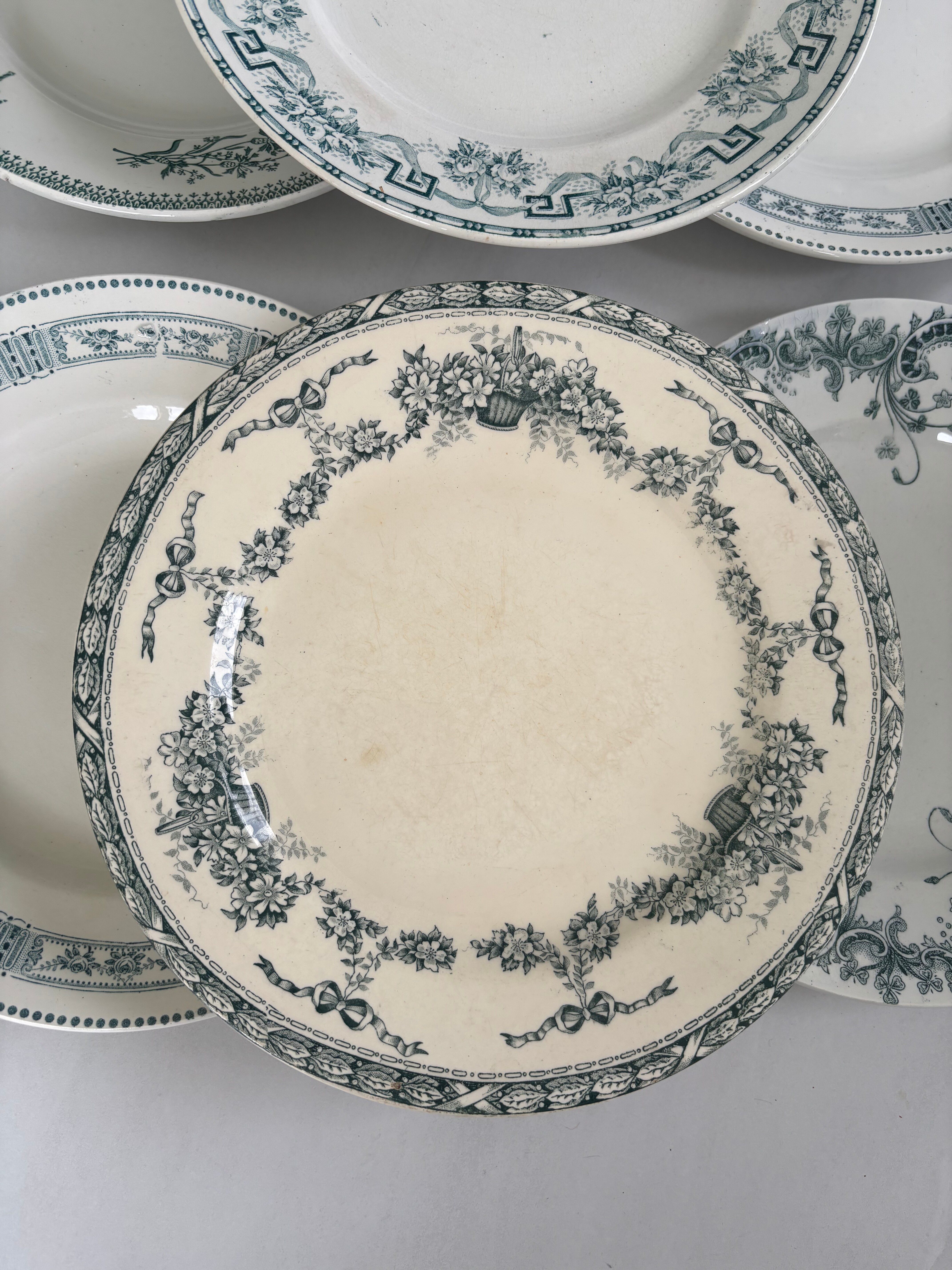 Lot of 6 blue-green ironstone plates, antique French earthenware.