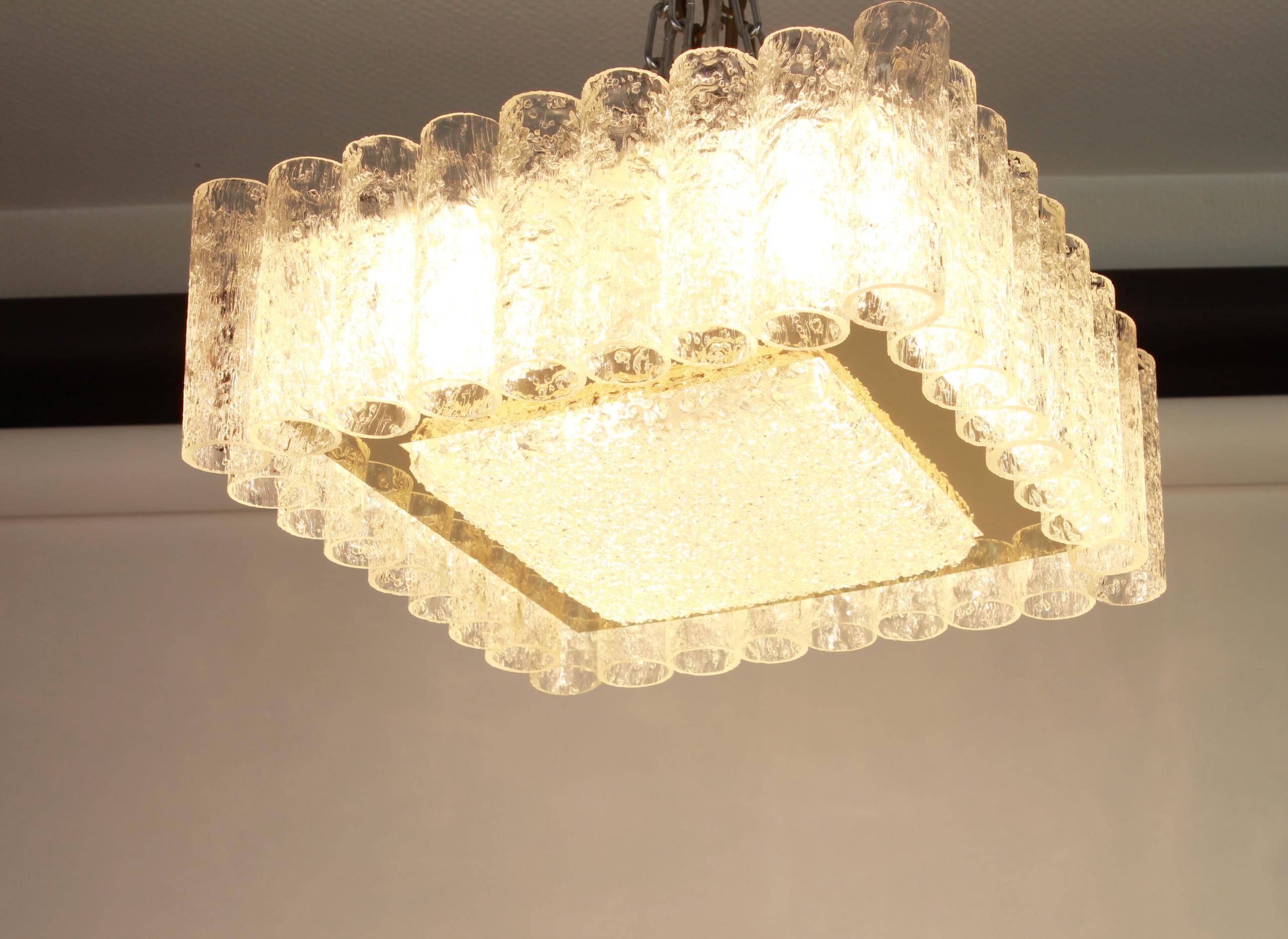 Superb ceiling light made of frosted Murano glass tubes by Doria, Germany, 1960s.
