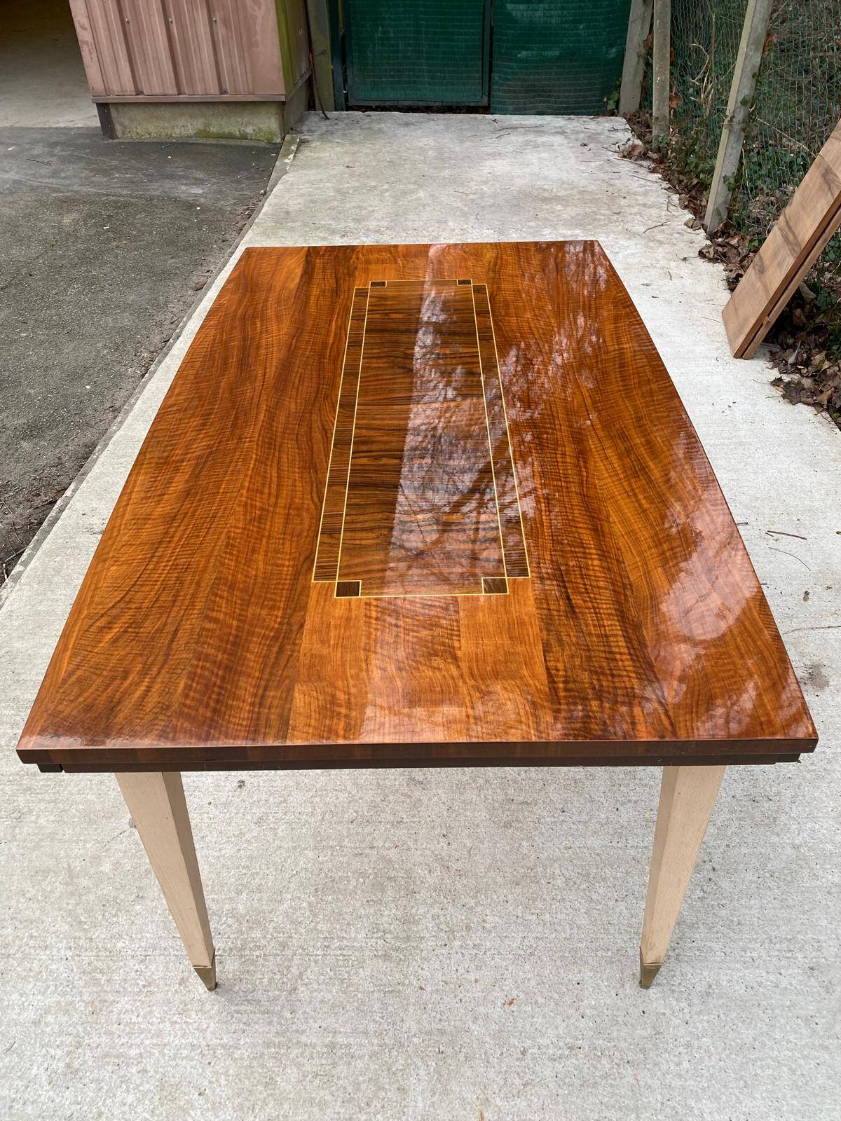 Scandinavian extendable dining table in wood and beautiful lacquered marquetry 230cm