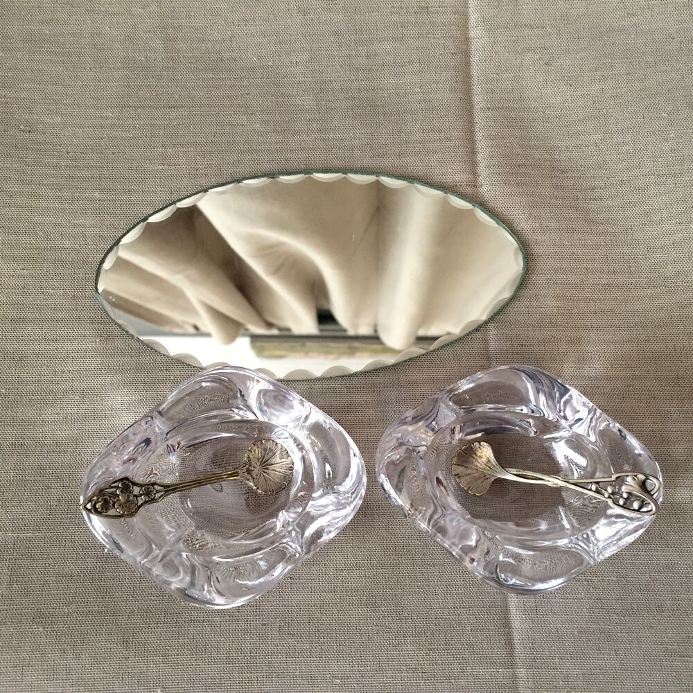 DUO OF CRYSTAL SALTERS SMALL SILVER METAL SPOONS