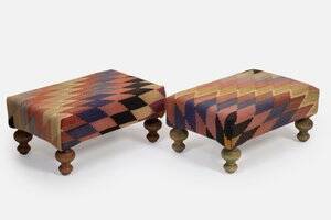 Small kilim ottomans with wooden legs, türkiye, set of 2