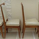 6 Vintage chairs in white beige imitation leather and solid wood with brass legs