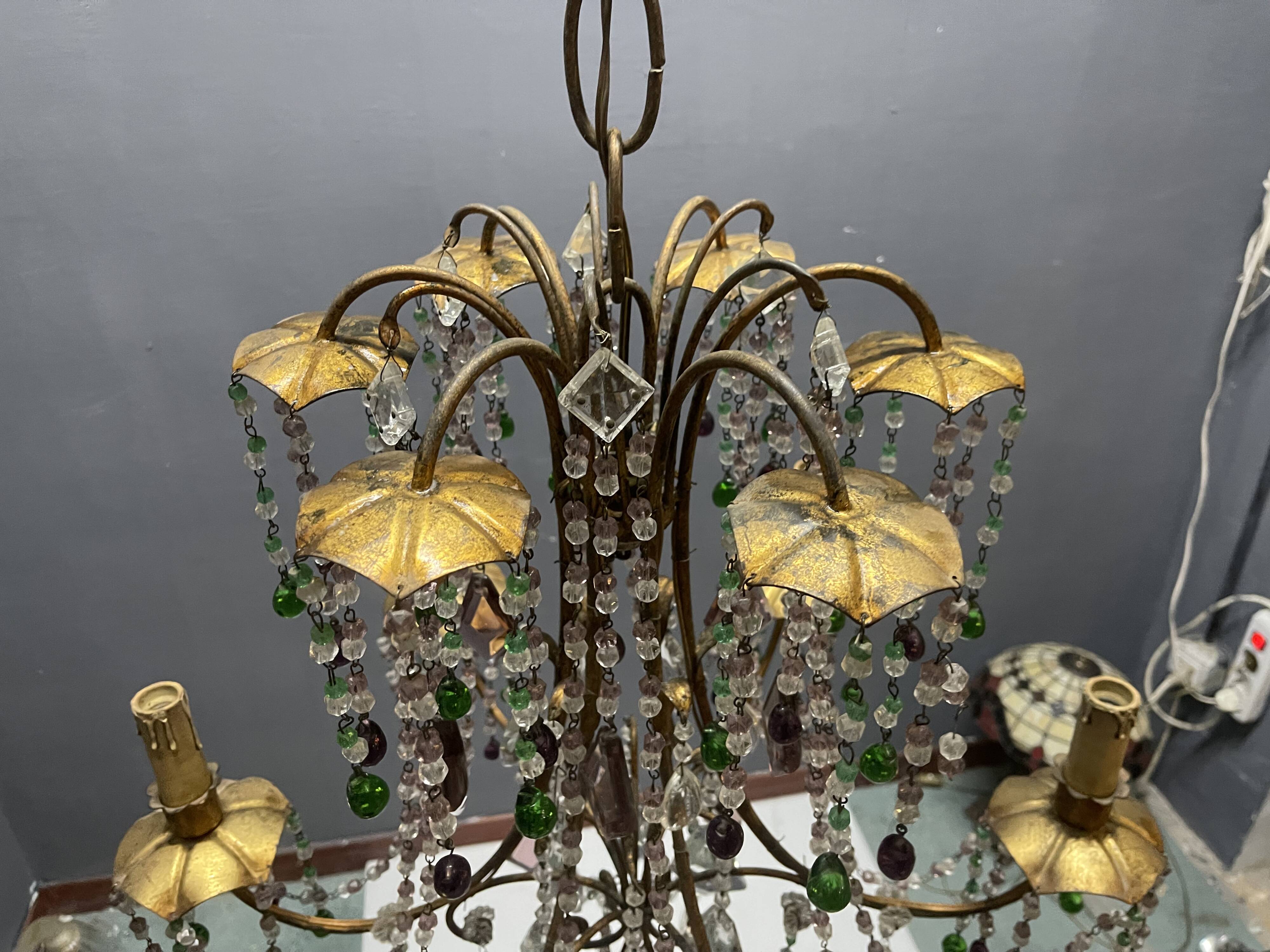Chandelier en verre de Murano perlé doré en tole florentine italienne des années 1950 à 6 lumières