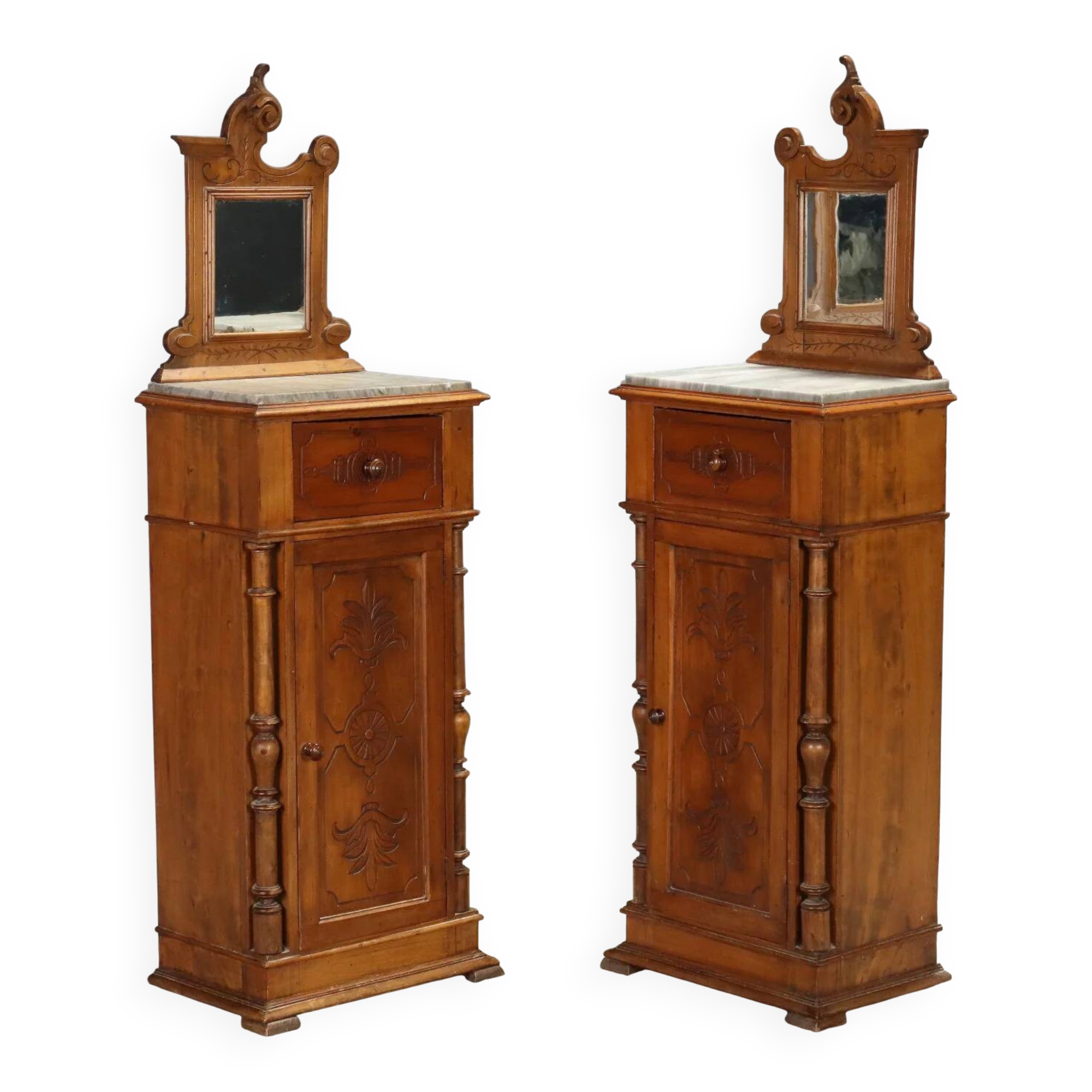 Antique walnut bedside tables with grey marble, Italy, 19th century.