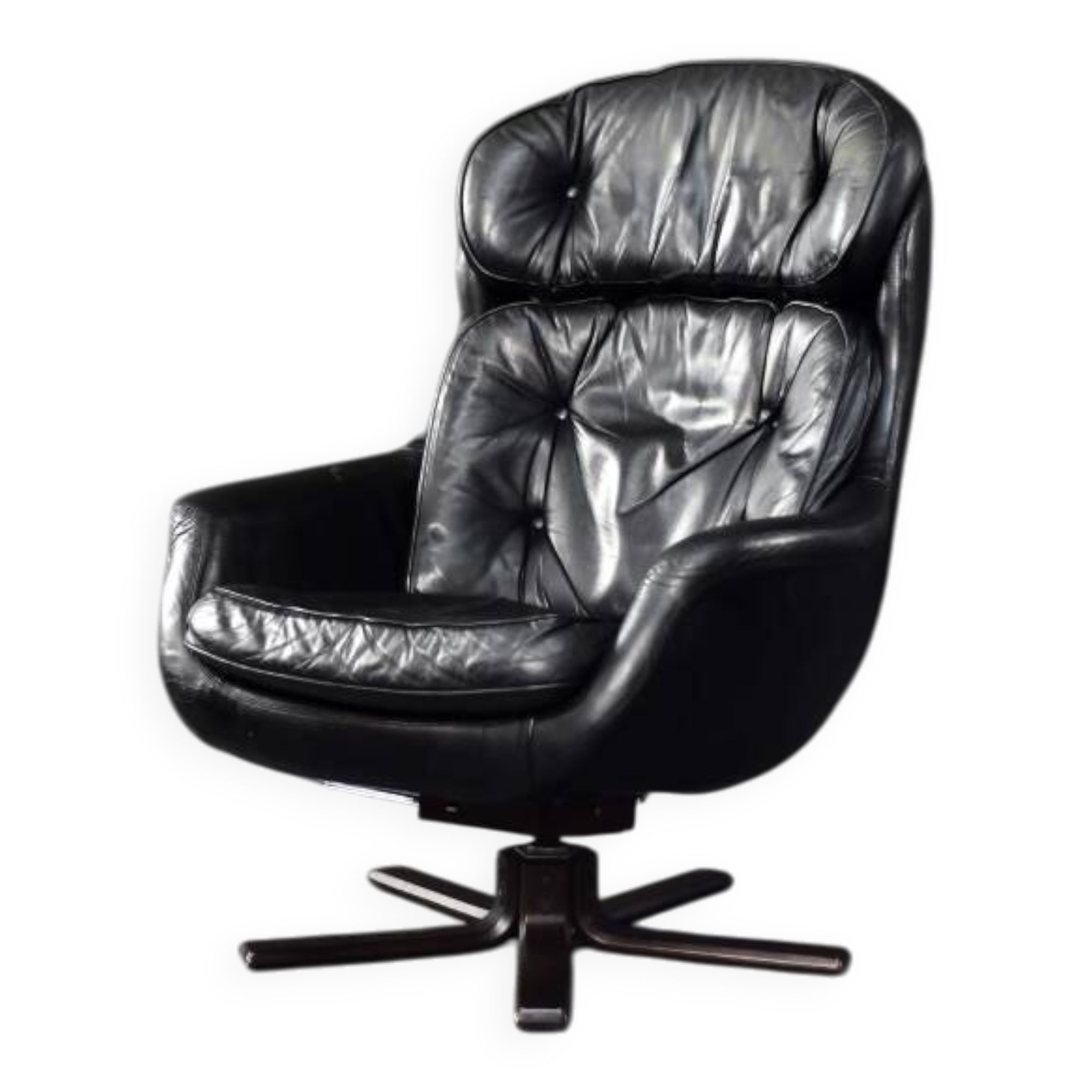 Vintage black leather swivel chair in mid-century modern Scandinavian style.